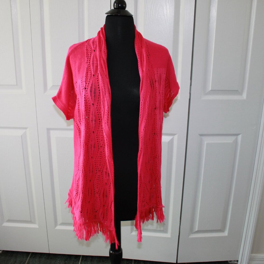 Bohemian Bright Rose-pink crocheted Ruby Rd. open front short-sleeve cardigan
